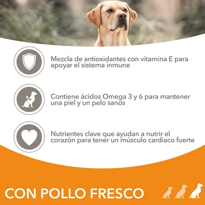 Mezcla de antioxidantes con vitamina E, ácidos Omega 3 y 6 para piel y pelo sanos, nutrientes clave para el corazón. Texto: CON POLLO FRESCO.