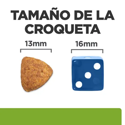 Tamaño de la croqueta: 13 mm comparado con un dado azul de 16 mm. Texto visible: 'TAMAÑO DE LA CROQUETA', '13 mm', '16 mm'.