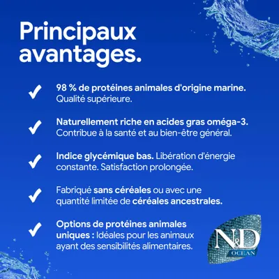 Principaux avantages : 98 % de protéines animales d'origine marine, riche en acides gras oméga-3, indice glycémique bas, sans céréales ou avec peu de céréales anciennes, options spéciales de protéines animales. Principaux avantages : 98 % de protéines animales d'origine marine, riche en acides gras oméga-3, indice glycémique bas, sans céréales ou avec peu de céréales anciennes, options spéciales de protéines animales.