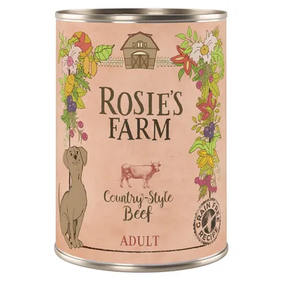 Lata de comida para perros Rosie’s Farm Country-Style Beef, texto visible: ADULT, Grain Free Recipe. Ilustraciones de perro, vaca, flores y granero en la etiqueta.