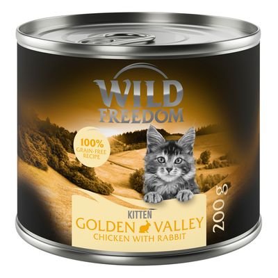 Wild Freedom Kitten Golden Valley Chicken with Rabbit, 24x200 g. Text: 100% grain-free recipe. Bild på kattunge på burk.