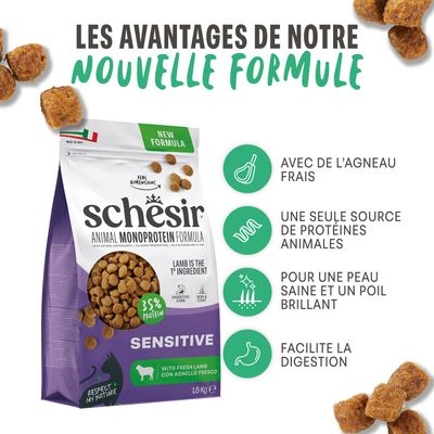 Schesir Animal Monoprotein Formula Sensitive avec agneau frais, 35 % de protéines. Avantages : une seule source de protéine, une peau saine et un pelage brillant, facilite la digestion.