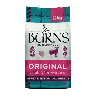 Burns Original Lamb & Brown Rice, 12 kg, Adult/Senior Dogs. Deux chiens illustrés sur l’emballage bleu.