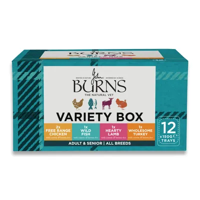 Burns Variety Box: 2x Free Range Chicken, 1x Wild Fish, 1x Hearty Lamb, 1x Wholesome Turkey, each with carrots and natural rice. 12x 150g trays. For adults & seniors, all breeds. Burns Variety Box: 2x Free Range Chicken, 1x Wild Fish, 1x Hearty Lamb, 1x Wholesome Turkey, each with carrots and natural rice. 12x 150g trays. For adults & seniors, all breeds.