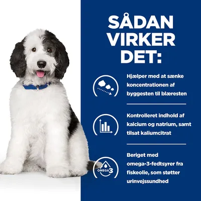 SÅDAN VIRKER DET: Hjælper med at sænke koncentrationen af byggesten til blæresten. Kontrolleret indhold af kalcium og natrium, samt tilsat kaliumcitrat. Beriget med omega-3-fedtsyrer fra fiskeolie.