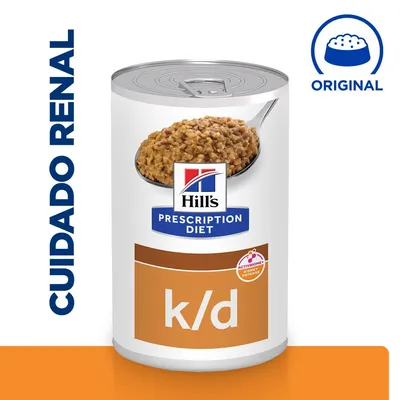 Lata de Hill's Prescription Diet k/d, texto visible: CUIDADO RENAL, ORIGINAL, ACTIVBIOME+ KIDNEY DEFENSE. Imagen del producto y comida húmeda en una cuchara.