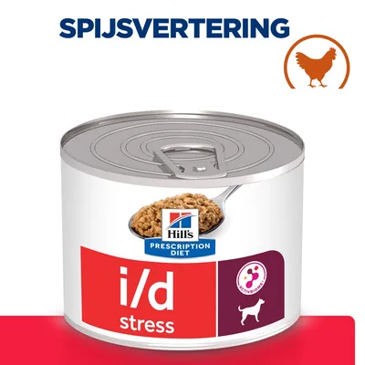 Hill's Prescription Diet i/d stress natvoer voor honden, spijsvertering, afbeelding van kip, ActivBiome+ zichtbaar op het blik