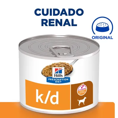 Hill's Prescription Diet k/d cuidado renal, lata de comida húmeda para perros. Texto visible: ORIGINAL, ACTIVBIOME+ KIDNEY DEFENSE. Imagen de alimento en cuchara.