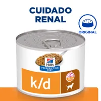 Hill's Prescription Diet k/d cuidado renal, lata de comida húmeda para perros. Texto visible: ORIGINAL, ACTIVBIOME+ KIDNEY DEFENSE. Imagen de alimento en cuchara.