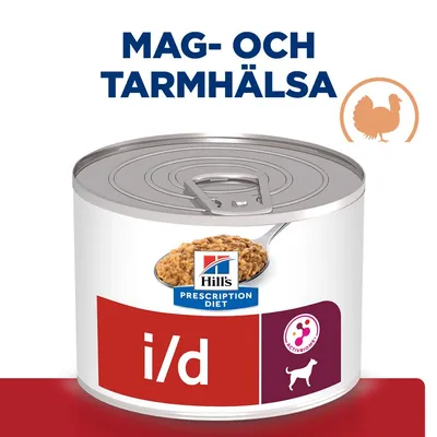 Hill's Prescription Diet i/d våtfoderburk för hund, texten 'MAG- OCH TARMHÄLSA', bild på kyckling och ActivBiome-symbol synliga på förpackningen.