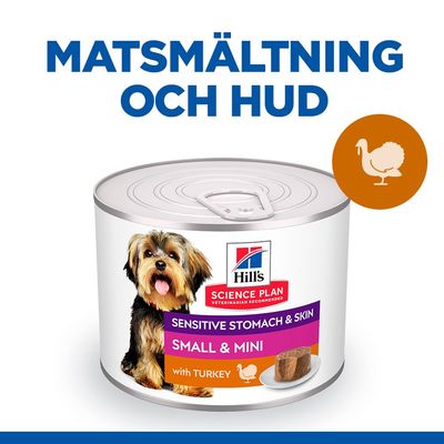 Hill's Science Plan Sensitive Stomach & Skin Small & Mini with Turkey hundmatburk. Text: Matsmältning och hud. Bild på liten hund och kalkonikon.