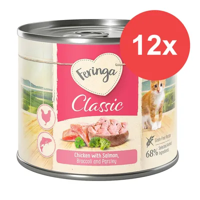 Feringa Classic, 12x. Chicken with Salmon, Broccoli and Parsley. 68% Selected Animal Ingredients, Grain-Free Recipe. Na opakowaniu zdjęcie kota i składników.