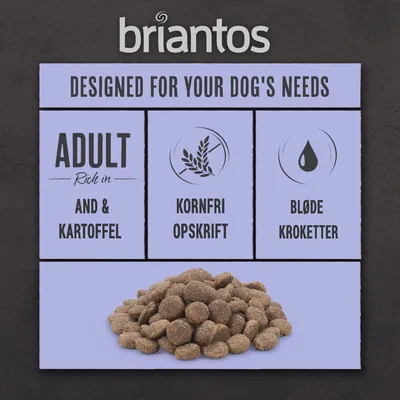 briantos, Designed for your dog's needs, ADULT Rich in and & kartoffel, Kornfri opskrift, Bløde kroketter. Billede af tørfoderpiller.