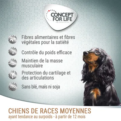 Concept for Life. Fibres alimentaires et végétales pour la satiété, contrôle du poids, maintien de la masse musculaire, protection des articulations, sans blé, maïs ni soja. Chiens de races moyennes ayant tendance au surpoids à partir de 12 mois.