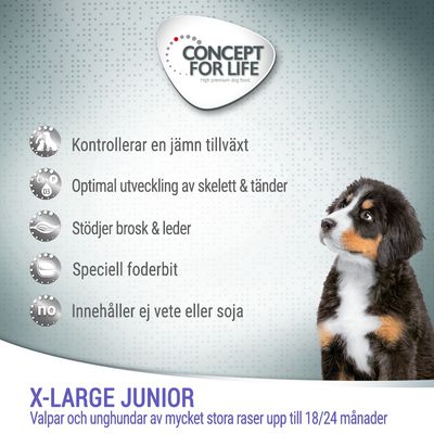 Concept for Life X-Large Junior. Kontrollerar en jämn tillväxt, optimal utveckling av skelett och tänder, stödjer brosk och leder, speciell foderbit, innehåller ej vete eller soja.