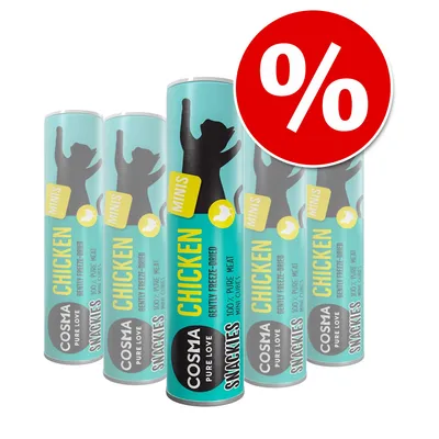 Zestaw Cosma Snackies Minis Chicken, liofilizowane przysmaki dla kotów, opakowania z widocznym napisem „CHICKEN”, „COSMA PURE LOVE”, duży czerwony symbol procentu na górze. Zestaw Cosma Snackies Minis Chicken, liofilizowane przysmaki dla kotów, opakowania z widocznym napisem „CHICKEN”, „COSMA PURE LOVE”, duży czerwony symbol procentu na górze.