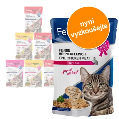 Feline Porta 21 kapsičky pro kočky, různé příchutě. Velký balíček s nápisem 'FEINES HÜHNERFLEISCH FINE CHICKEN MEAT', oranžový kruh s textem 'nyní vyzkoušejte'. Feline Porta 21 kapsičky pro kočky, různé příchutě. Velký balíček s nápisem 'FEINES HÜHNERFLEISCH FINE CHICKEN MEAT', oranžový kruh s textem 'nyní vyzkoušejte'.