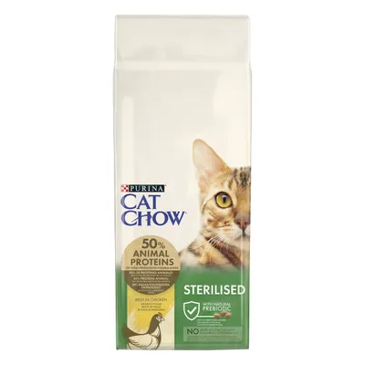 Confezione di Purina Cat Chow Sterilised, 50% proteine animali, ricco in pollo, con prebiotico naturale, senza coloranti o aromi artificiali. Immagine di un gatto e una gallina.