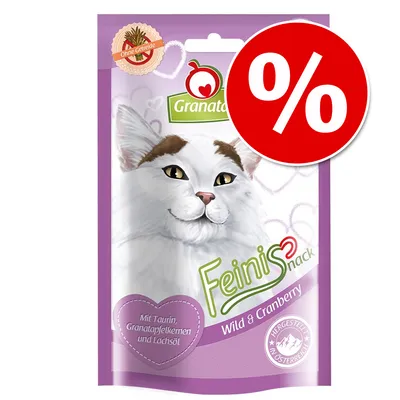 GranataPet Feinis Snack Wild & Cranberry, text: Mit Taurin, Granatapfelkernen und Lachsöl, Ohne Getreide, Hergestellt in Österreich, röd rabattmärke med procenttecken