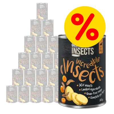 Bulk offer on insect-based pet food cans. Label highlights 50% insects, limited ingredients, grain-free recipe, and complete pet food. Large percentage discount symbol shown.