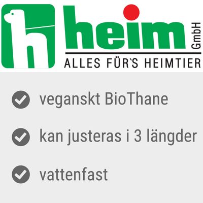 heim GmbH, ALLES FÜR'S HEIMTIER. veganskt BioThane, kan justeras i 3 längder, vattenfast. Text på tyska och svenska.