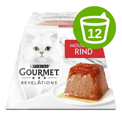 Purina Gourmet Revelations Mousse Rind macskaeledel csomagolás, 12 adag piktogrammal, fehér macska képe és marhahús mousse szelet látható.