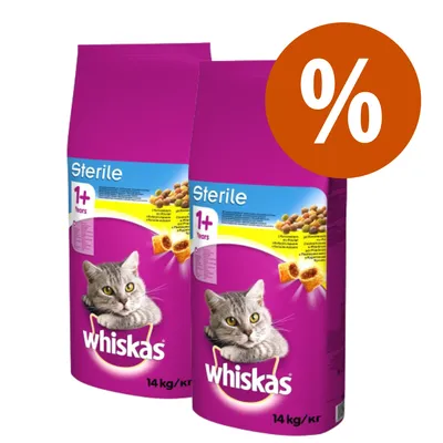 Due confezioni di crocchette Whiskas Sterile 1+ Years per gatti, 14 kg ciascuna, con simbolo percentuale arancione che indica offerta o sconto visibile sull'immagine.