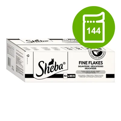 Carton Sheba Fine Flakes, 72 x 85 g, mention 'Sélection à la volaille', pastille verte avec icône sachet et chiffre 144.