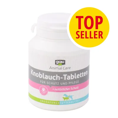 Barattolo di grau Animal Care Knoblauch-Tabletten, testo in tedesco: Für Schutz und Pflege, natürlicher Schutz, Ergänzungsfuttermittel. Bollino giallo con scritta TOP SELLER. Barattolo di grau Animal Care Knoblauch-Tabletten, testo in tedesco: Für Schutz und Pflege, natürlicher Schutz, Ergänzungsfuttermittel. Bollino giallo con scritta TOP SELLER.