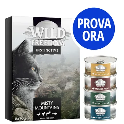 Wild Freedom Instinctive Misty Mountains 6x70g, quattro lattine Muscle Meat, testo visibile: PROVA ORA