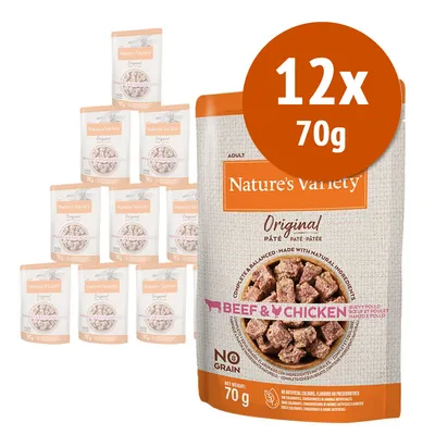 Confezione multipla Nature's Variety Original Paté manzo e pollo, 12 bustine da 70 g ciascuna, testo visibile: NO GRAIN, BEEF & CHICKEN, ADULT, ingredienti naturali.