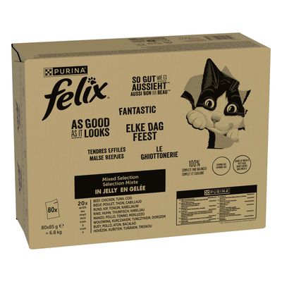 PURINA felix As Good As It Looks, Mix výber v želé, 80x85g, hovädzie, kuracie, tuniak, treska, 100% kompletné a vyvážené, obsahuje omega-6 mastné kyseliny a vitamíny.