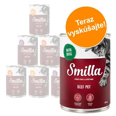 Konzerva Smilla Beef Pot 400 g, s nápisom 'WITH DUCK', oranžová pečať 'Teraz vyskúšajte!', viditeľné ikony: obsahuje taurín, bez obilnín.