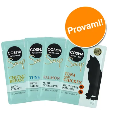 Cosma Pure Love Soup bustine: Chicken Breast with Pumpkin, Tuna with Carrots, Salmon with Courgettes, Tuna and Chicken with Sweet Potatoes. Etichetta arancione con testo 'Provami!'.