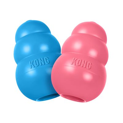 Dve KONG igrači iz gume, ena modra in ena roza, obe z vidnim napisom KONG.