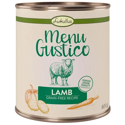 Lukullus Menu Gustico, ягненок, беззерновой рецепт, 800 г. Ингредиенты качества Human-Grade. На изображении: тыква, картофель, морковь и овца.