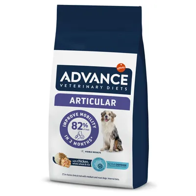 Συσκευασία Advance Veterinary Diets Articular για σκύλους. Κείμενο: Improve mobility 82% of dogs in 2 months, with chicken, whole wheat & rice, Active Defense, Healthy Joints Technology.
