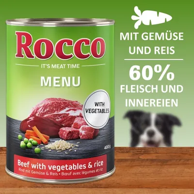 Rocco Menu, boîte 400 g, bœuf avec légumes et riz. Texte visible : with vegetables, 60 % Fleisch und Innereien, mit Gemüse und Reis, Beef with vegetables & rice.
