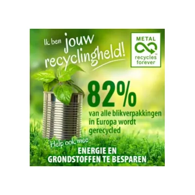 Ik ben jouw recyclingheld! 82% van alle blikverpakkingen in Europa wordt gerecycled. Help ook mee energie en grondstoffen te besparen. METAL recycles forever.