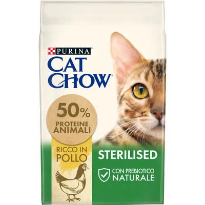 Purina Cat Chow Sterilised, 50% proteine animali, ricco in pollo, con prebiotico naturale. Immagine di un gatto e disegno di una gallina sulla confezione.