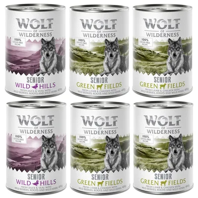 6 dåser Wolf of Wilderness Senior hundemad: 2 Wild Hills (fresh duck & veal), 4 Green Fields (fresh lamb & chicken). Tekst: 100% grain-free recipe, wild berries, roots and wild herbs, 400g.