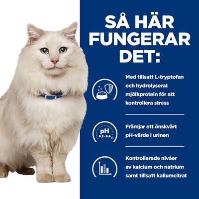 Text: Så här fungerar det: Med tillsatt L-tryptofan och hydrolyserat mjölkprotein för att kontrollera stress. Främjar ett önskvärt pH-värde i urinen. Kontrollerade nivåer av kalcium och natrium samt tillsatt kaliumcitrat.