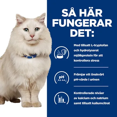 Text: Så här fungerar det: Med tillsatt L-tryptofan och hydrolyserat mjölkprotein för att kontrollera stress. Främjar ett önskvärt pH-värde i urinen. Kontrollerade nivåer av kalcium och natrium samt tillsatt kaliumcitrat.