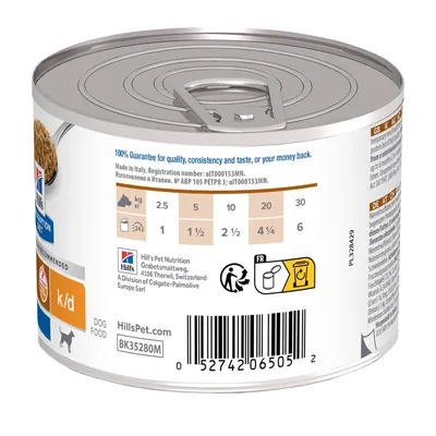 Tabela hranjenja za pse: 2,5 kg – 1 konzerva, 5 kg – 1,5, 10 kg – 2,5, 20 kg – 4,25, 30 kg – 6 konzerv. Hill's Prescription Diet k/d Dog Food. BK35280M. Črtna koda: 052742065052.
