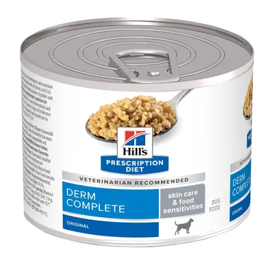 Hill's Prescription Diet Derm Complete konzerv kutyaeledel, felirat: skin care & food sensitivities, DOG FOOD, ORIGINAL, kutya sziluett látható a dobozon.