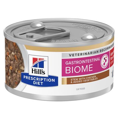 Lata de comida para gatos Hill's Prescription Diet Gastrointestinal Biome, guiso con pollo y verduras añadidas. Texto visible: recomendado por veterinarios.