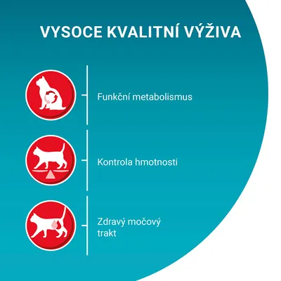 VYSOCE KVALITNÍ VÝŽIVA: Funkční metabolismus, Kontrola hmotnosti, Zdravý močový trakt. Tři ikony koček s popisky benefitů.