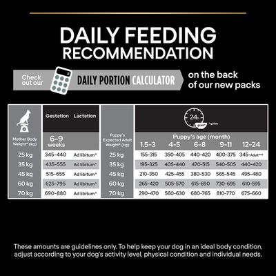 Tablica preporučenih dnevnih količina hrane za pse prema težini majke, očekivanoj težini šteneta i dobi. Prikazane vrijednosti u gramima po danu za različite dobne skupine i težine.