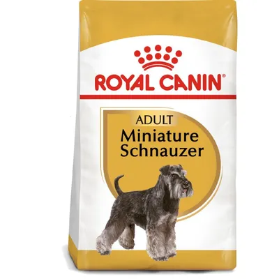 Opakowanie karmy Royal Canin Adult Miniature Schnauzer z ilustracją sznaucera miniaturowego i widocznym napisem na froncie.