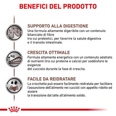 Benefici del prodotto: supporto alla digestione, crescita ottimale, facile da reidratare. Testo descrittivo su digeribilità, nutrienti per la crescita e facilità di reidratazione.